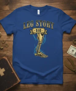 Blue t-shirt with "LEG STORY $10" text above a golden prosthetic leg graphic