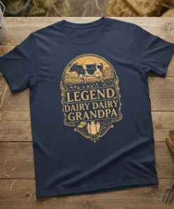 Legend Dairy Dairy Grandpa t-shirt design with cow, barn, and milk bottles graphic