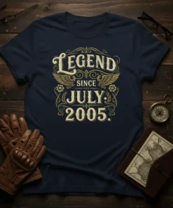 Legend Since July 2005 T-Shirt with vintage gold typography and wing graphic