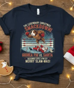 The Legendary Christmas Smackdown! design shows a muscular guinea pig boxing Santa Claus, with text "Guinea Pig vs. Santa" and