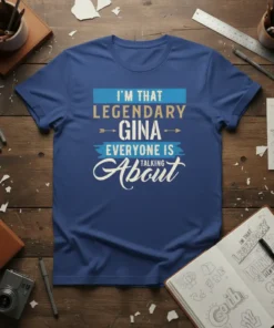 Blue t-shirt with "I'm That Legendary Gina Everyone Is Talking About" text in gold and white typography