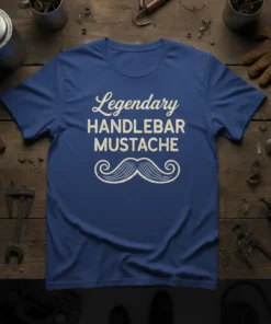 Blue t-shirt with "Legendary Handlebar Mustache" text and a graphic mustache illustration