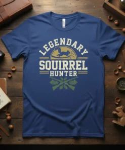Legendary Squirrel Hunter text design with a silhouette of a squirrel and crossed hunting rifles below