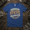 I'm That Legendary Steve Everyone Is Talking About quote on a blue t-shirt with vintage gear graphic