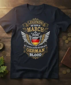 Legends Are Born In March But The Real Legends Are Born With German Blood quote on a dark t-shirt with