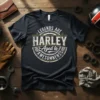 Legends Are Harley Aged to Awesomeness text design on a dark t-shirt with vintage motorcycle graphic elements