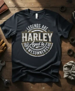 Legends Are Harley Aged to Awesomeness text design on a dark t-shirt with vintage motorcycle graphic elements