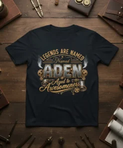 Legends Are Named Aden Aged to Awesomeness personalized name t-shirt with steampunk gears and metallic font