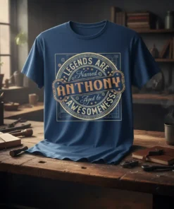 Legends Are Named Anthony Aged To Awesomeness text design on a navy blue t-shirt, featuring vintage badge style