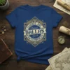 Legends Are Named Dallas Aged to Awesomeness text design on a blue t-shirt, featuring vintage-style golden typography within a geometric