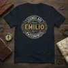 Legends Are Named Emilio Aged to Awesomeness vintage style text design on a navy t-shirt