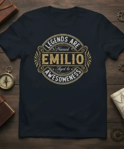 Legends Are Named Emilio Aged to Awesomeness vintage style text design on a navy t-shirt