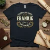 Legends Are Named Frankie Aged to Awesomeness text design on a navy t-shirt, featuring vintage style typography and laurel wreath