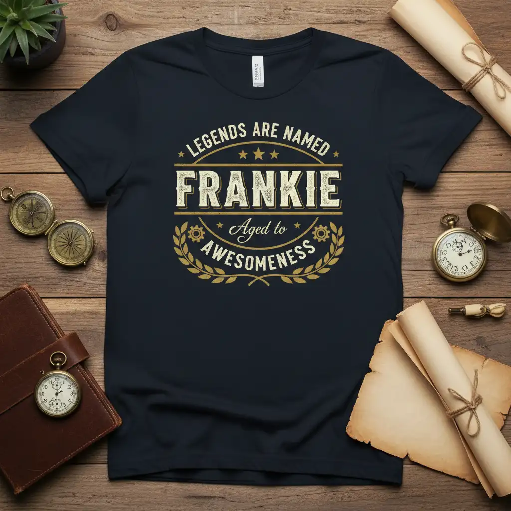 Legends Are Named Frankie Aged to Awesomeness design with bold lettering and laurel accents on a dark t-shirt