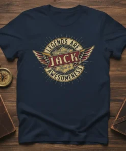 Navy t-shirt with "Legends Are Named Jack Aged to Awesomeness" vintage-style circular design featuring wings and banner