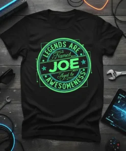 Black t-shirt with neon green text reading "Legends Are Named Joe Aged To Awesomeness" in a circular design