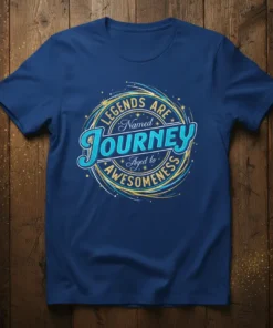 T-shirt design with text "Legends Are Named Journey Aged to Awesomeness" in a circular, vintage-inspired graphic