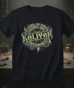 T-shirt design featuring "LEGENDS ARE NAMED LEGENDS ARE Named KALIYAH Aged to AWESOMENESS" in vintage distressed gold and blue typography