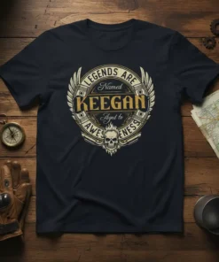 Legends Are Named Keegan Aged to Awesomeness T-Shirt design with vintage style, pistons, wings, and skull graphic