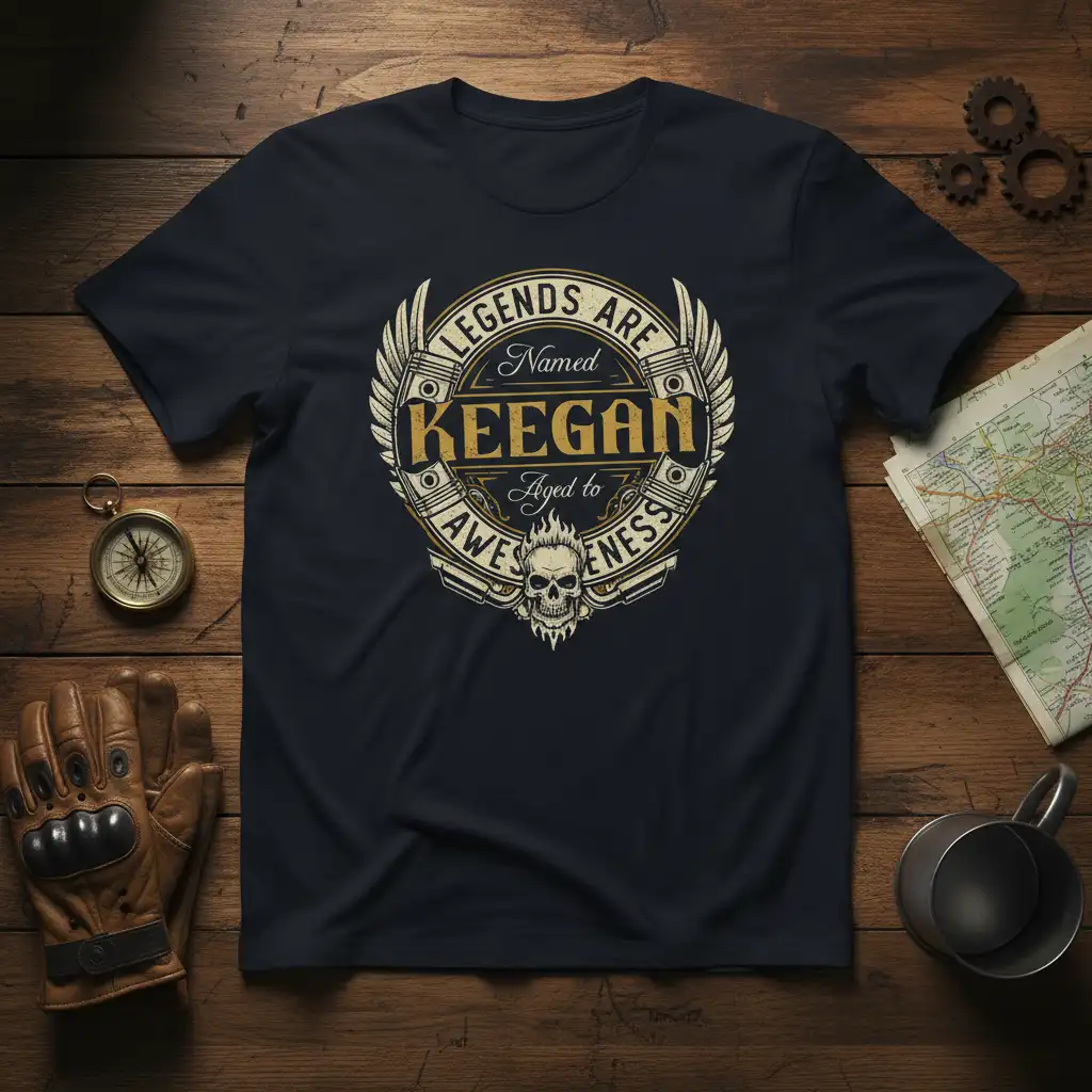 Legends Are Named Keegan Aged to Awesomeness quote on a vintage-style t-shirt graphic