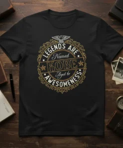 Legends Are Named Kobe Aged to Awesomeness text on a black t-shirt, vintage design with gold and white accents