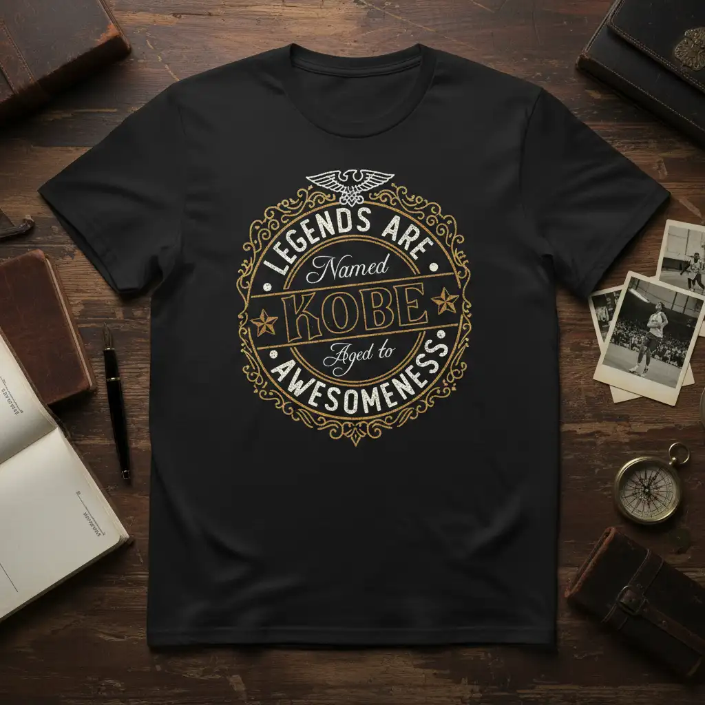 Legends Are Named Kobe Aged to Awesomeness quote on a black t-shirt, vintage badge style with gold and white text