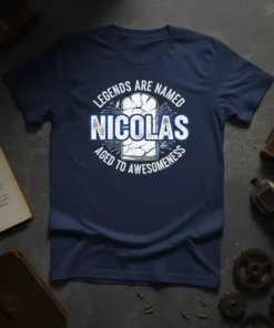 Legends Are Named Nicolas Aged To Awesomeness quote on a navy blue t-shirt with a stylized cracked design