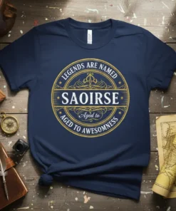 Navy t-shirt with "Legends Are Named Saoirse Aged to Awesomeness" in a gold circular design. Features vintage typography and stars