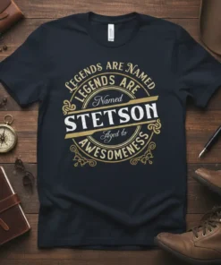 T-shirt design with text "LEGENDS ARE NAMED LEGENDS ARE Named STETSON Aged to AWESOMENESS" in a circular vintage badge style