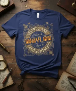 T-shirt with text "LEGENDS ARE Named WAYLON Aged to AWESOMENESS" in a circular steampunk-inspired design
