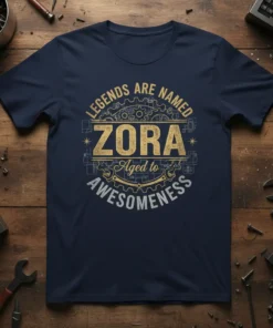 T-shirt featuring "LEGENDS ARE NAMED ZORA Aged to AWESOMENESS" in vintage gold and silver text with gear graphics