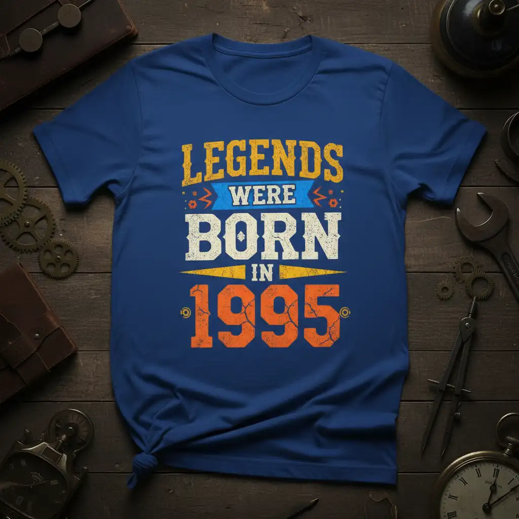 Legends Were Born In 1995 text design with distressed orange and yellow font on a blue t-shirt