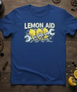 Lemon Aid T-Shirt featuring cartoon lemons holding a wrench with a distressed background and bold text