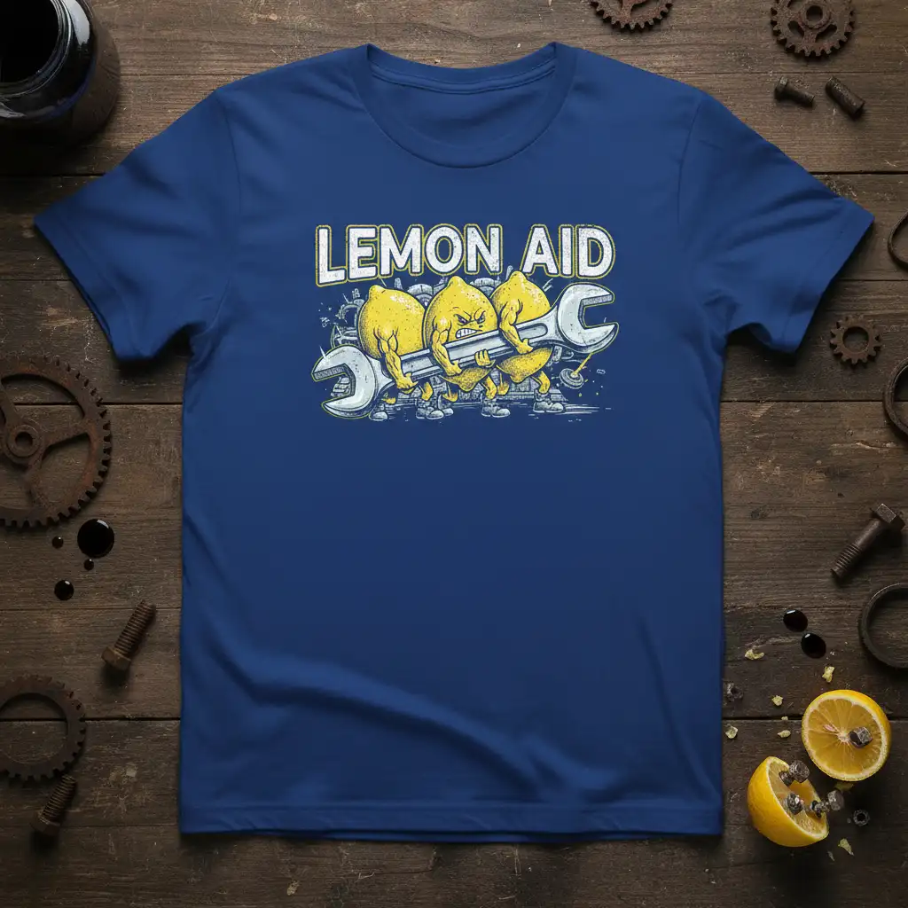 Lemon Aid funny citrus mechanic design with cartoon lemons and wrench on a dark heather t-shirt