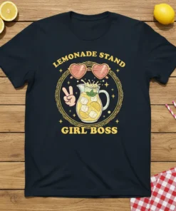 Lemonade Stand Girl Boss t-shirt design featuring a pitcher of lemonade, peace sign, and heart-shaped sunglasses