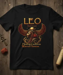 LEO Sekhmet Healing Goddess Warrior lioness Egyptian mythology t-shirt design with golden lioness and wings
