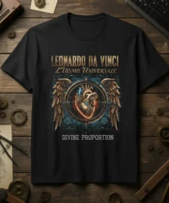 Leonardo da Vinci L'Uomo Universale Divine Proportion text with anatomical heart and wings graphic on black t-shirt