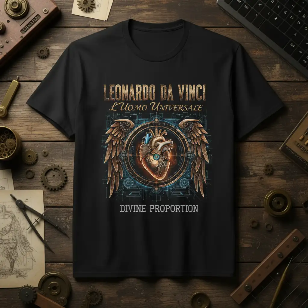 Leonardo da Vinci L'Uomo Universale Divine Proportion text with anatomical heart and wings design