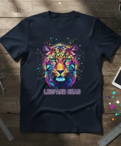 Neon Leopard Head T-Shirt with colorful abstract splashes and the text "LEOPARD HEAD"