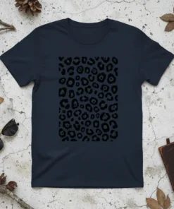Dark navy t-shirt featuring a repeating black leopard print pattern, primary keyword Leopard Print Tee included