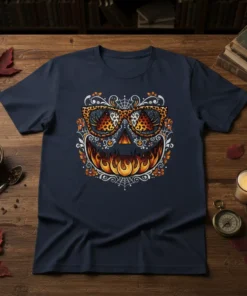 Leopard Sunglasses Pumpkin T-Shirt design with flames, spiderwebs, and floral accents in orange, black, and white