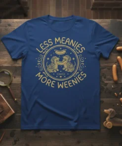 Less Meanies More Weenies t-shirt with two dachshunds and a hot dog graphic