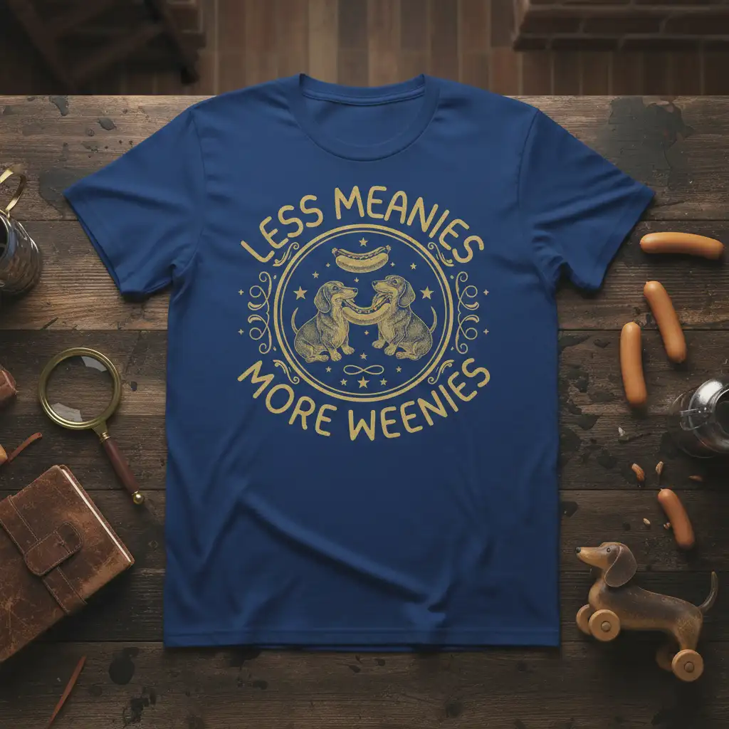 Less Meanies More Weenies quote on a t-shirt with dachshund graphics and a hot dog illustration