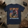 Let Dirt Fly And Freedom Ring motocross rider t-shirt with American flag background