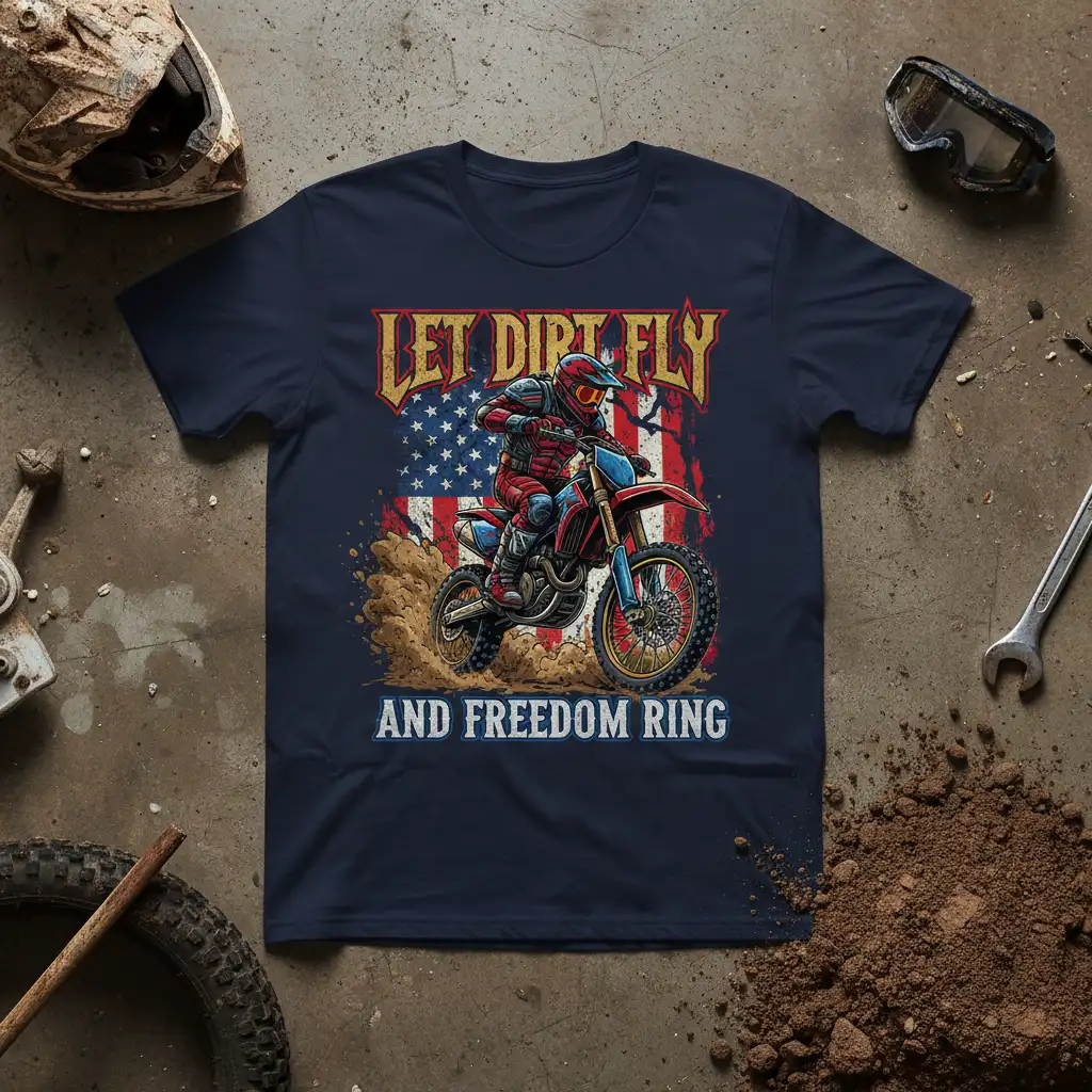 Let Dirt Fly And Freedom Ring motocross t-shirt design featuring rider and flag