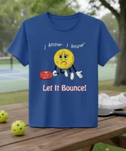 Blue t-shirt with "I know. I know" and "Let It Bounce!" text, featuring a sad pickleball character holding a paddle