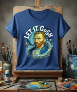 Let It Gogh t-shirt design featuring a portrait of Vincent Van Gogh surrounded by a swirling Starry Night-inspired pattern