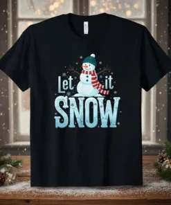 Let it SNOW text with a cute snowman graphic wearing a scarf and hat, snowflakes around it, on a black