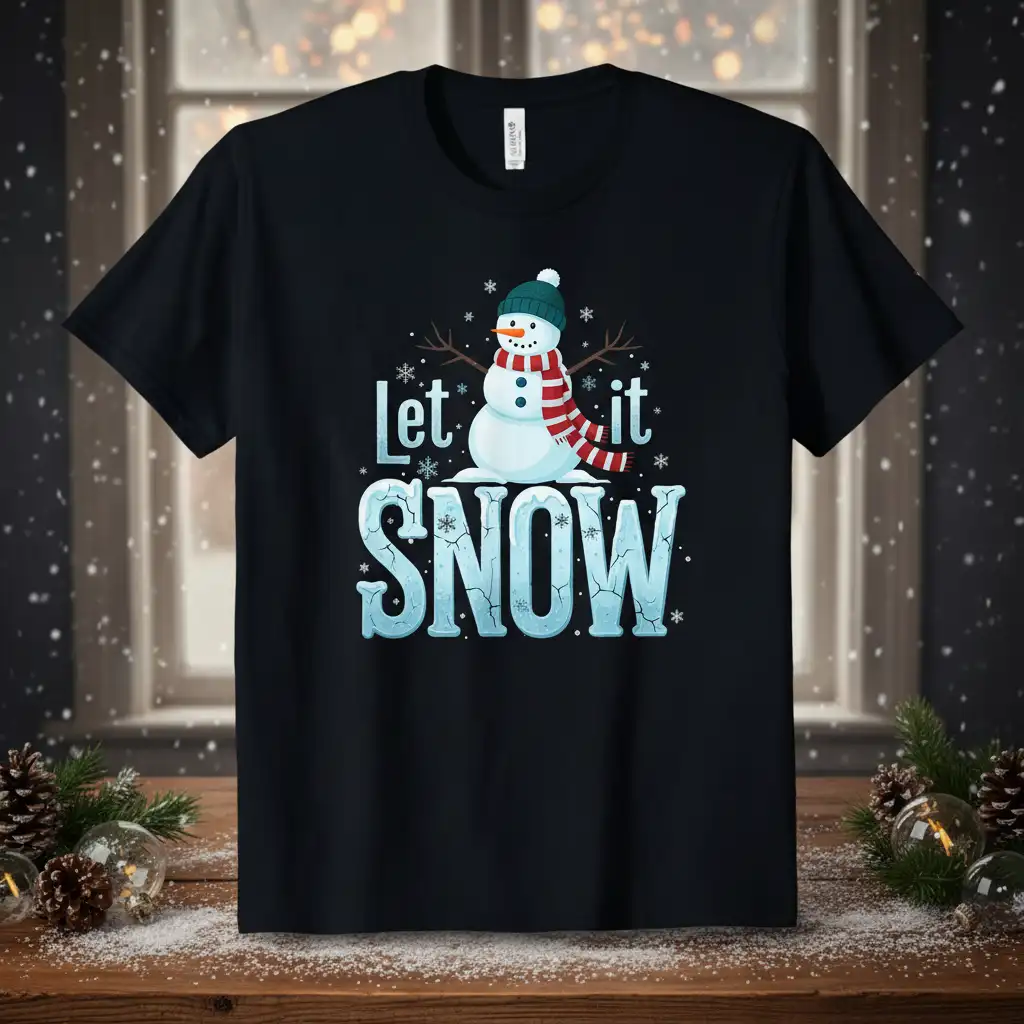 Let it SNOW quote with cute snowman illustration on a black t-shirt, festive winter design