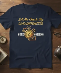 Let Me Check My Giveashitometer Nope Nothing humorous quote on a navy t-shirt with steampunk gauge graphic